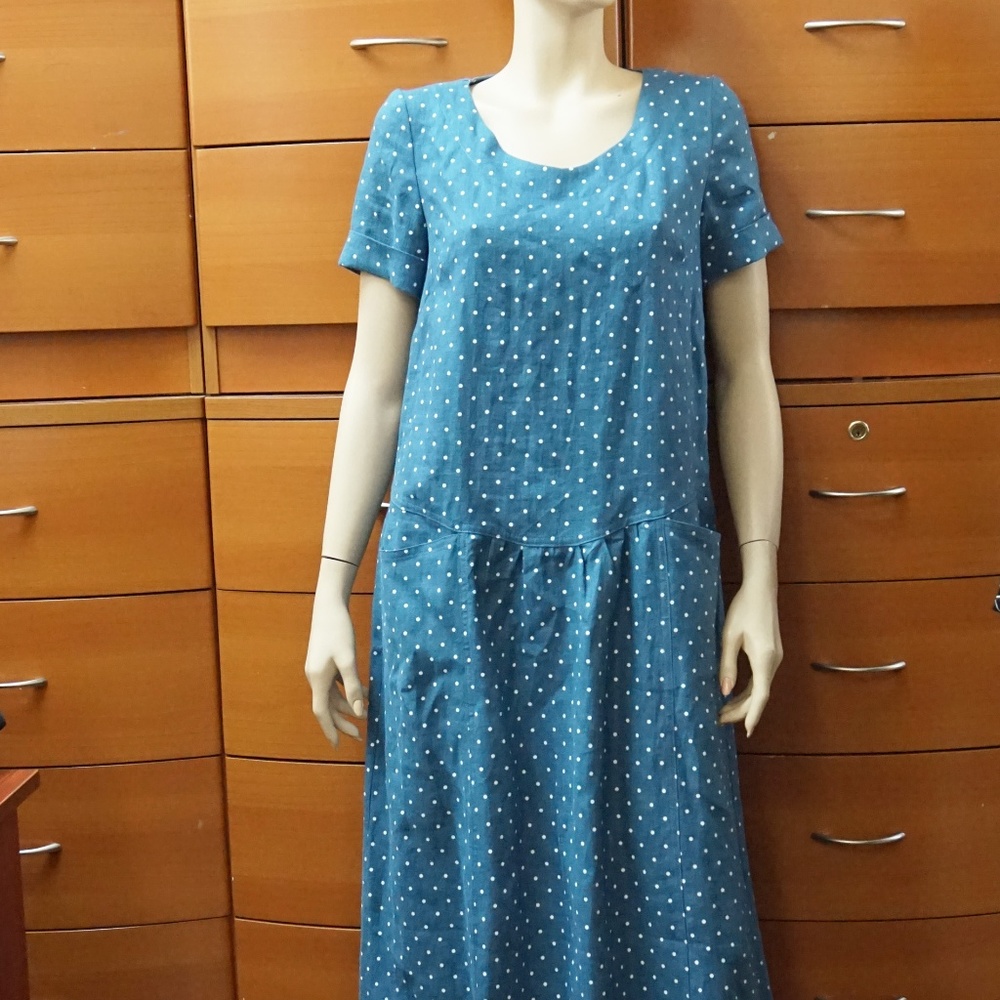 EUROPEAN LINEN DRESS, BOHO STYLE, BLUE POLKA DOT